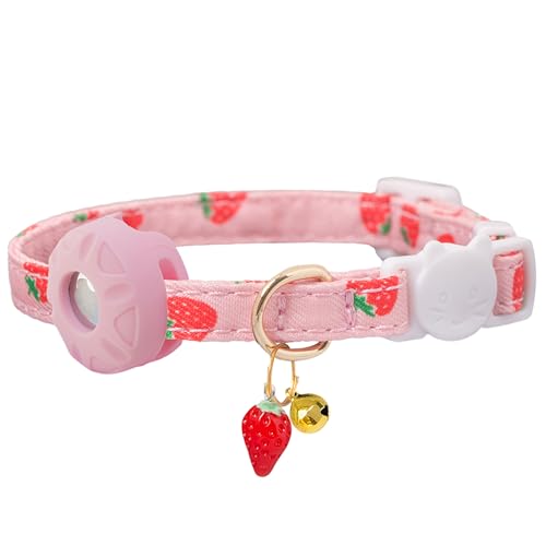 Breakaway Cat Collar with Airtag Holder Kitten Collar with Apple Air Tag Holder and Bell for Girl Boy Cats 0.4 Inches in Width and Lightweight. (Pink Strawberry)