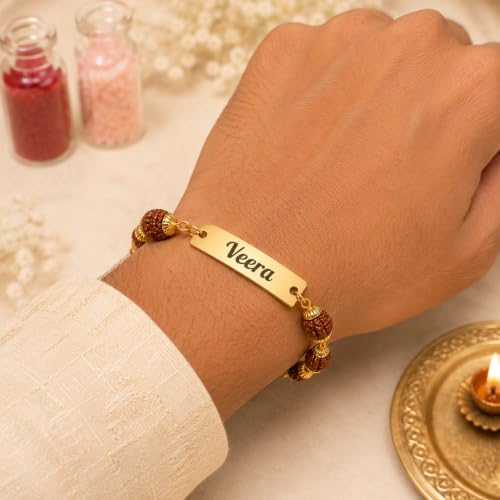 Image of Unisex-Adult Customized Name Rakhi For Brother | Rudraksha Beads, Custom Name Engraving, Adjustable Fit