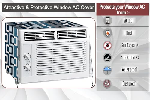 Image of The Furnishing Tree Window AC Cover for 1 Ton capacity PVC Waterproof and Dustproof Lattice Pattern Blue