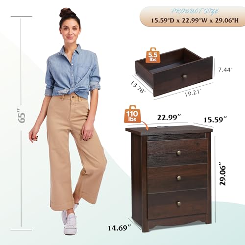 WLIVE Tall Nightstand with Charging Station, Wood Night Stand with 3 Drawers Storage, Bedside Table End Side Tables with 2 USB Ports and Outlets for Bedroom, Closet, Espresso - Image 4