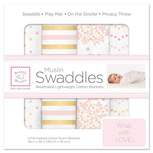 Image of SwaddleDesigns Cotton Muslin Swaddle Blankets, Set of 4, Receiving Blankets for Baby Boys & Girls, Best Shower Gift, 46x46 inches, Pink Floral & Stripes