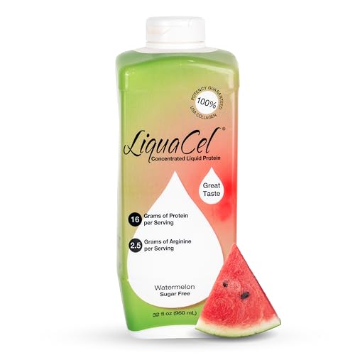 LiquaCel Concentrated Liquid Protein Watermelon Flavor 16g Hydrolyzed Collagen Protein and 2.5g Arginine Per 1oz Serving Sugar & Gluten Free 32 fl oz Bottle