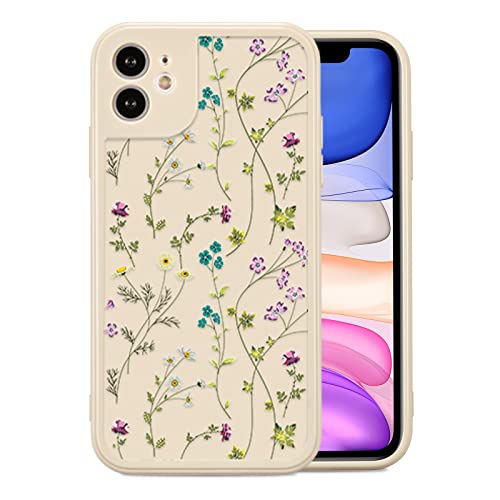 RALEAVO Flower Case for iPhone 11 (6.1”), Girls Floral Silicone Shockproof Case Cover with Cute Patterns Protective Case for iPhone 11-Beige