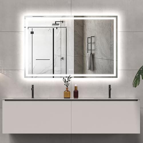 LED Bathroom Mirror Lights 60x40 Inch Front & Backlit Lights Vanity Mirror, Wall Mounted Anti-Fog Dimmable LED Makeup Mirror, IP54 3K-6K Warm/Natural/Daylight, Tempered Glass (Horizontal/Vertical) UL