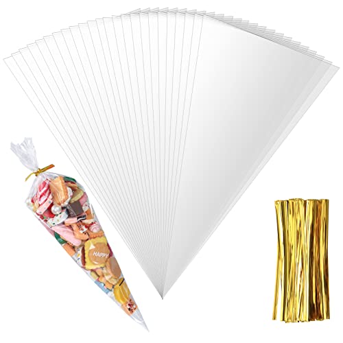 200 peças sacos de cone transparentes para chuches, sacos de velcro de cone transparente com laços de torção para aniversário festa bolachas doces presentes