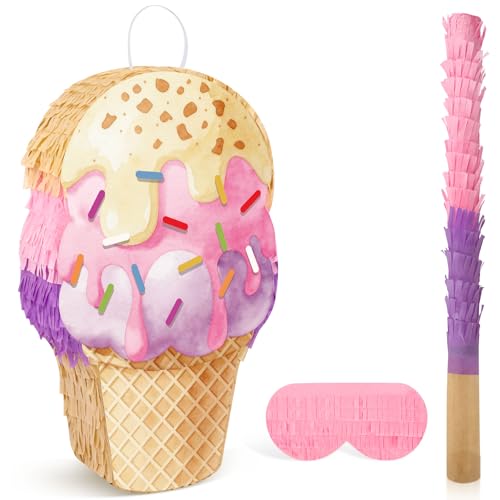 Hooqict Ice Cream Pinata with Blindfold and Bat Stick Ice Cream Birthday Party Pinata for Kids Girls Summer Sweet Candy Birthday Party Decorations Supplies