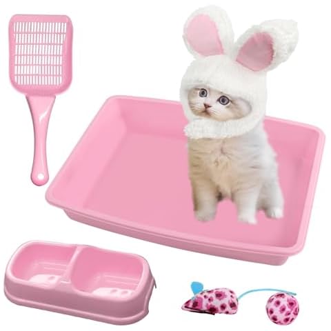 PAWISE Cat Litter Box, Kitten Litter Box with Cat Litter Scooper,Cat Bowls,Cat Mouse Toy and Cat Ball Toy,Kitten Starter Kit,Pink Cover