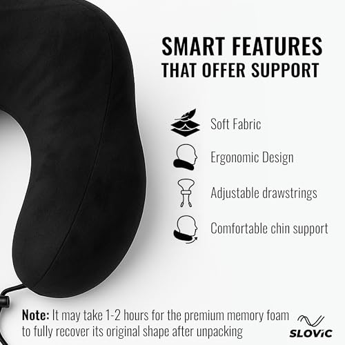 Image of SLOVIC Neck Pillow for Travelling | Premium Memory Foam Pillow for Flight, Car, Bus, Train | 360 Neck Support with Soft Fabric | Travel Accessories | Includes Carrying Bag