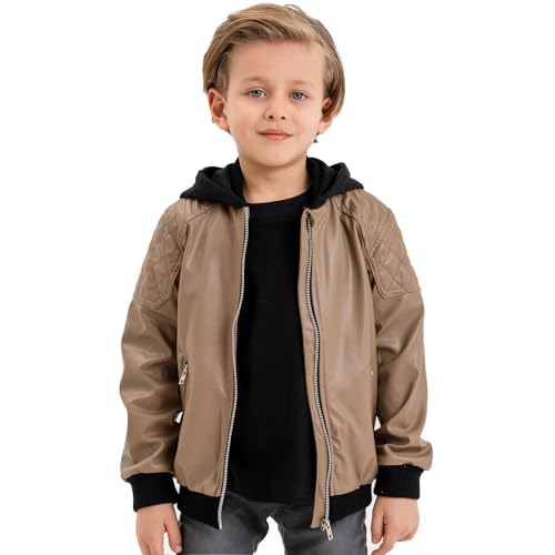 Image of Gold Class Kidswear Boys Leather Jacket with Hoodie, Faux Leather Jacket for Kids, Zipper Closure Boys Leather Jacket