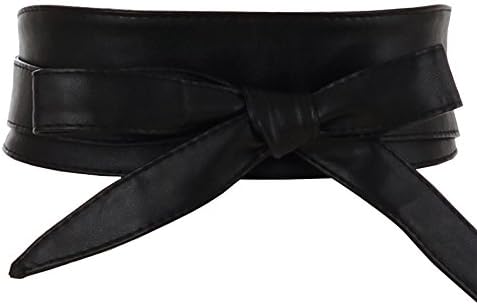 Aecibzo Women's PU Leather Self Tie Wrap Around Obi Waist Band Cinch Boho Belt (Black,Fit waist 22”-34.5”)