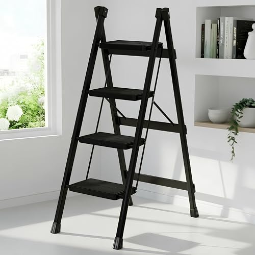 Image of Plantex 4 Step Ladder for Home Use /Wide Anti-Slip Heavy-Duty Step Stool /Lightweight Kitchen Ladder 4 Step (Black)