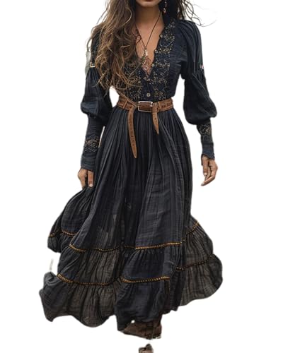 dalamirra Damen Lange Boho Vintage rustikalen Stil V-Ausschnitt Maxi Kleid mit Blumenmuster lässige Frühjahr Sommer Lange Ärmel Western Country...