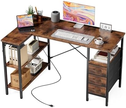 DUMOS L Shaped Desk with Shelf Drawers 47 Inch, Brown Corner Comp...