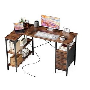 Simple Deluxe L Shaped Gaming Desk with Power Outlets, 47 Inch Computer Desk with 3 Drawers, Shelves, Corner Computer Desk for Gaming, Corner Work, Home Office, Study, Rustic Brown