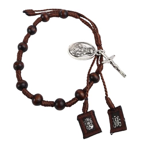 Needzo Brown Scapular Rosary Bracelet, Adjustable Jewelry Accessory, Catholic Gifts, 7.5 Inches