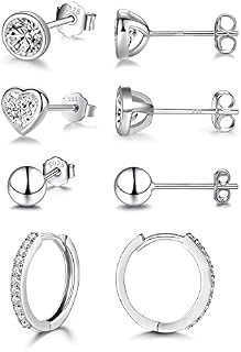 SAKUNALA 925 Sterling Silver Stud Earrings for Women Girls, Hypoallergenic Silver Hoop Earrings and Stud Earrings Set, Small Cartilage Cubic Zirconia Hoops Earrings, Earring Set for Multiple Piercings
