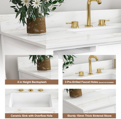 INTERHOMART 42" Bathroom Vanity with Sink & Countertop Modern Single Sink Vanity with 9 Drawers & 2 Soft-Close Doors Freestanding Bathroom Storage Cabinet with 4" Backsplash & 3 Faucet Holes,White - 5