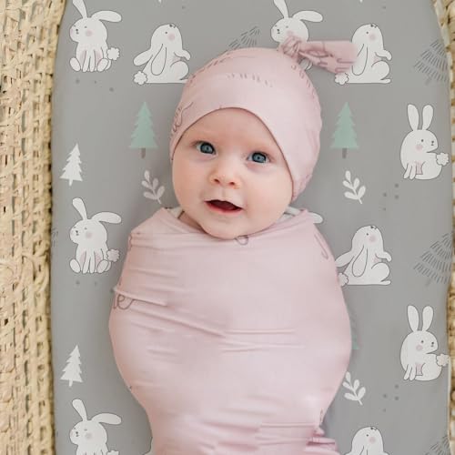 Image of Stretch Fitted Bassinet Sheet Set BROLEX 2 Pack Cradle Sheets for Bassinet Pad /Mattress,Unisex Boys Girls,Ultra Soft,Pink-Bellied Rabbit