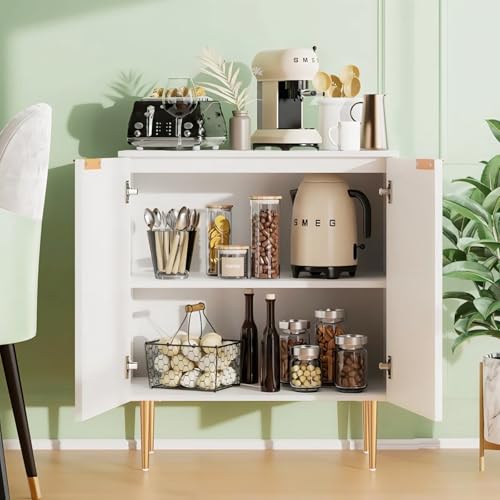 Image of Floated Panel Wooden Sideboard Cabinet | 2 Door Storage Unit with Metal Legs | Premium HDMR Wood Console Cabinet for Living Room, Kitchen & Dining | DIY Leg Assembly (White)