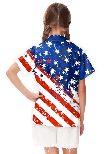 Image of Remimi Unisex Kids 4th of July Button Up Shirt Boys American Flag Print Hawaiian Beach Short Sleeve Tops 5-14 Years