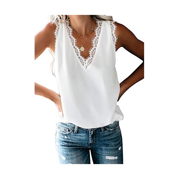 BLENCOT-Womens-V-Neck-Lace-Trim-Tank-Tops-Casual-Loose-Sleeveless-Blouse-Shirts BLENCOT Women Lace Trim Tank Tops V Neck Fashion Casual Sleeveless Blouse Vest Shirts Medium White