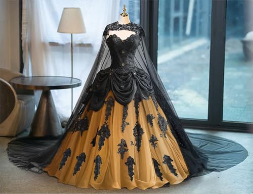Gothic Black Wedding Dresses for Bride with Cape Lace Applique Bridal Gowns Tiered Vintage Quinceanera Dresses2