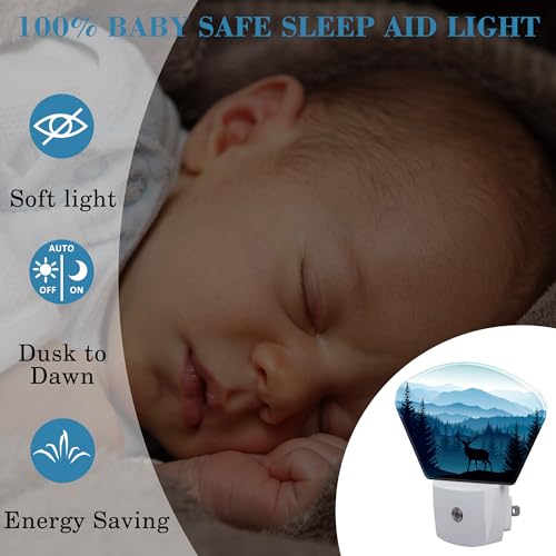 Image of Blue Misty Mountains Plug in Night Lights, Deer Nightlight Plug Into Wall Dusk to Dawn Sensor for Kid Girls Boys Women Men Bedroom, Hallway, Kitchen, Bathroom, Stairs Decor