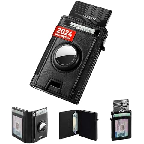 iwantit Slim AirTag Wallet for Men, Minimalist Mens Wallet with Elastic Strap Pocket, Credit Card Holder, RFID Blocking, Apple Air Tag Wallet, Pop Up Smart Bifold Wallet for 10+ Cards | ID Window Cover