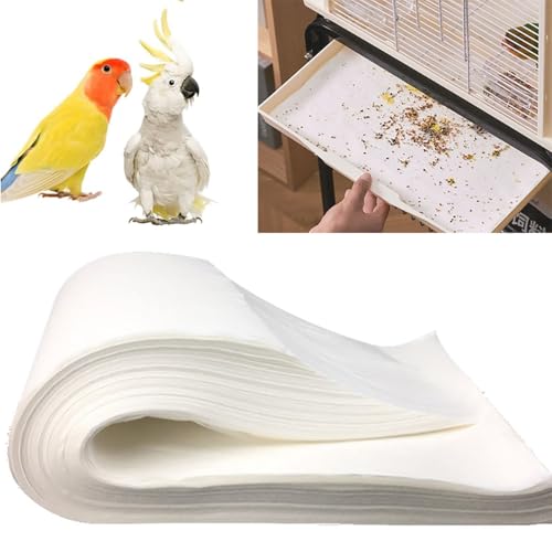 Docuuleuy 100 Pcs Bird Cage Liner Papers, White Disposable Big Size Cage Paper Liners Precut Absorbent Cushion Pad Mat Accessories for Pet Bird Parrot
