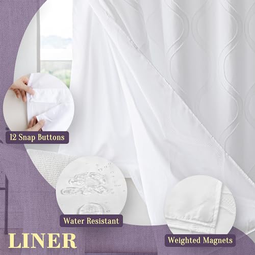 Image of No Hook Geometric Tufted Fabric Shower Curtain with Snap in Liner - 71 inch W x 74 inch H, Hotel Style, Top Sheer Window, Water Repellent Shower Curtain for Bathroom, White