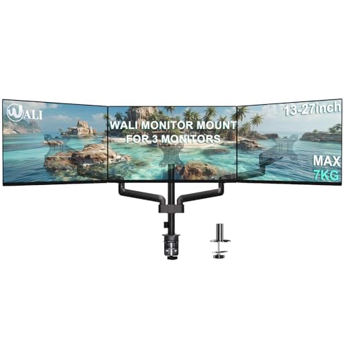 WALI Triple Monitor Mount for 13-27 inch Screens, Adjustable 3 Monitors Desk Mount with Swivel, Tilt, Clamp & Grommet Kit, Gas Spring Arm Triple Monitor Stand, VESA 75x75/100x100mm (GSDM003), Black