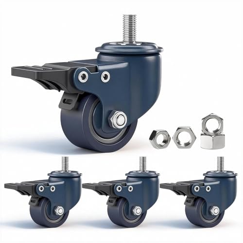 1.6 Inch Blue Polyurethane Caster Wheels, Metric M8-1.25 Threaded Stem (Screw Diameter 8mm, Length:15mm), Heavy Duty Casters Set of 4 with Locking Brakes, 450 lb Capacity for Furniture, Carts