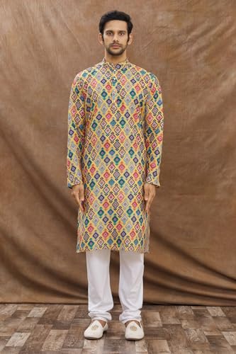 Image of LookMark Men's Cotton Blend Printed Long Kurta Suitable for All Indian Wedding, Occasions, and Festivals