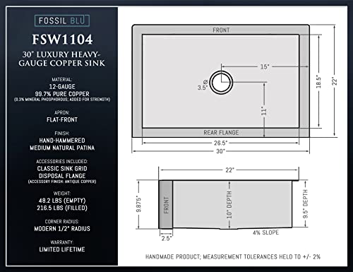 Fsw1104 Luxury 30-Inch Heavy 12-Gauge Medium Patina Copper Farmhouse Sink, Includes Accs, Flat Front #TOP5