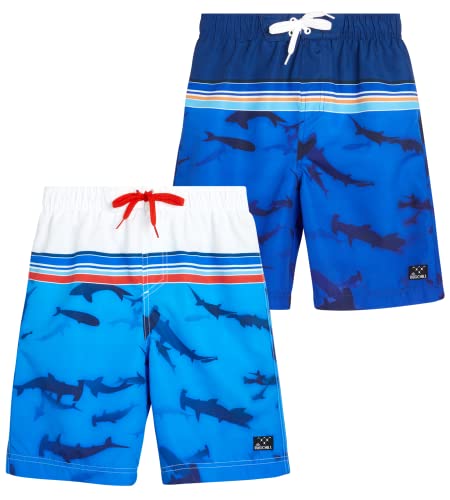 Big Chill Boys' Swim Trunks - 2 Pack Upf 50+ Quick Dry Board Shorts Bathing Suit (4-18), Size 10-12, Royal/Navy Sharks cover