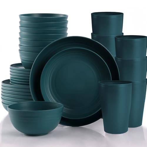 Green Unbreakable Plates and Bowls Sets Microwave and Dishwasher Safe,Dark Green...
