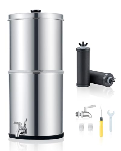 CO-Z Gravity-Fed Water Filter System, 8.5 L Countertop Water Filtration System, 304 Stainless Steel Gravity Water Purifier with 2 Carbon Filters & Water Spigot, NSF/ANSI 42 Certification