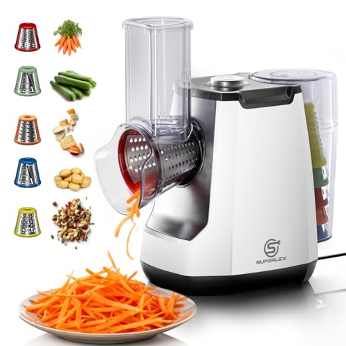 SUPERLEX Cortador de verduras eléctrico 5 en 1, mandolina con 5 cuchillas de tambor intercambiables, rallador de queso para frutas verduras zanahorias nueces rallador de cocina