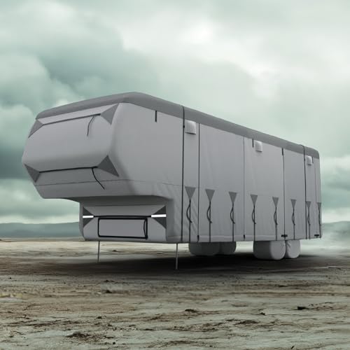 KING BIRD 5th Wheel RV Cover, 600D Oxford Fabric Heavy Duty Camper Cover, Waterproof Ripstop Windproof Anti-UV Protection, Fits 33-37ft, Bundle with 4