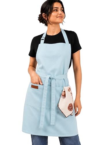 RUSTIQUE LINENS Aqua Blue 100% Cotton Kitchen Apron with 2 Pockets for Men and Women Adjustable Chef Apron for Cooking Baking BBQ Restaurant Use Machine Washable Durable Unisex Bib Apron