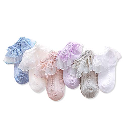 Juebm Baby Girls Summer Ruffles Lace Frilly Socks,Dress Socks Thin Mesh for Infant Toddlers Little Girls White,off-white,purple,blue,flesh Pink,gray/6 Pairs, 3-12 Months