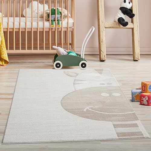 Tapis pour enfant crème, beige – 120 x 160 cm – Motif animal girafe – Tapis à poils courts pour chambre d'enfant, salle de jeux