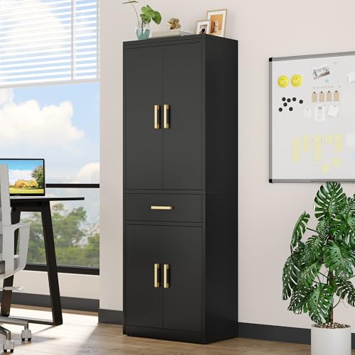 YITAHOME Aktenschrank verschließbar, Aufbewahrungsschrank mit 3 verstellbaren Regalen, Büro Aktenschrank mit Schublade, Stahl Büro Schrank für Büro Küche Garage, 180H cm x 60W cm x 34D cm, Schwarz
