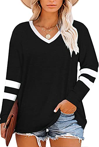 Haloumoning Women's Plus Size Tops Striped Long Sleeve V neck T Shirts Color Block Casual Tunics Tee Shirt