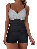 Hilor Women's Tankini Bathing Suit with Underwire Bra Support Tummy Control Swimwear Wrap 2 Piece Swimsuits Black&White Stripes 8