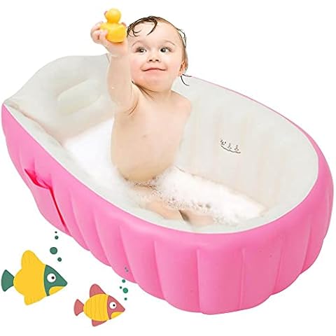Inflatable Baby Bath Foldable Bathtub Anti-Slip Toddler Tub Travel Swimming Shower Pool Seat Baths (for 0-3 Years) +Air Pump Pink Cover