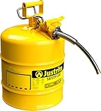 Justrite 5 Gallon Type II Yellow Safety Can for Diesel with Flame Arrester, Self-Closing Lid, and 5/8' Flexible Metal Spout, Made in the USA, Galvanized Steel Flammable Storage Can, 7250220
