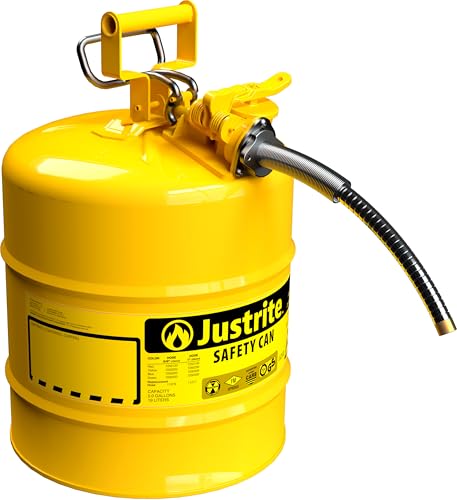 Justrite 5 Gallon Type II Yellow Safety Can for Diesel with Flame Arrester, Self-Closing Lid, and 5/8' Flexible Metal Spout, Made in the USA, Galvanized Steel Flammable Storage Can, 7250220