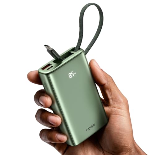 Image of Noise Power Bank 10000mAh: Built-in Type-C Cable, 22.5W Fast Charging, 120g Ultra-Compact, LED Display for Battery%, Premium Metallic Finish, Triple Device Charging, BIS Certified (Green)