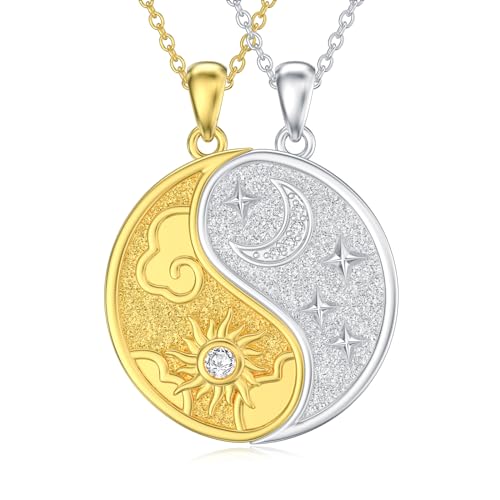 Diamond Sun and Moon Yin Yang Necklace for Couple Best Friend 925 Sterling Silver Yin Yang Matching Necklace with Lab Grown Diamond Jewelry Gifts Couple Friendship BFF Necklace for 2